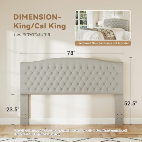 Befurtori King Headboard Only, Linen Classic Tufted Design, Gray Linen