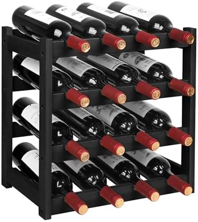 VASMIA Wine Rack, 4-Tier Bamboo Wine Racks Countertop,Sturdy and Durable Wine Storage Cabinet Shelf,16 Bottles Wine Holder for Kitchen Pantry, Black