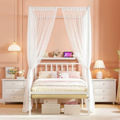 Twin Canopy Bed Frame with Storage Headboard Minimalist Style 4 Posters Bed