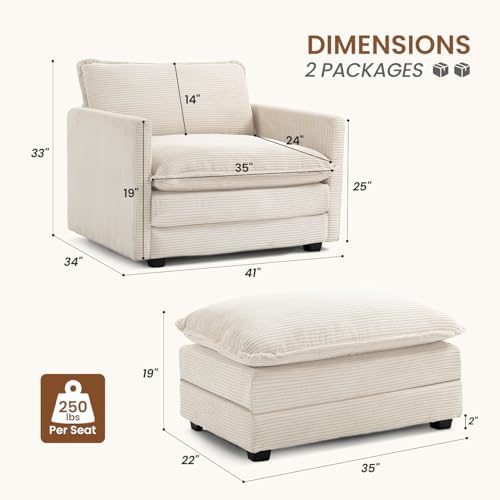 ROWHY 41'' Single Armchair with Ottoman, Modern Corduroy Cloud Couch with Convertible Chaise, Upholstered Sofa Set for Living Room, Beige