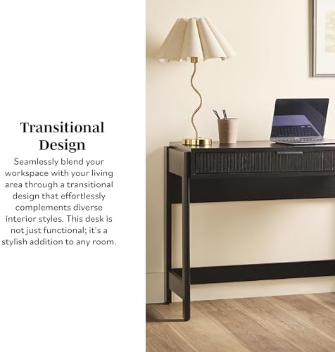 Walker Edison Transitional Office Design, Reeded Drawer Front Detail, Writing Desk with Drawer, Spacious Desktop, Complementary in Living Spaces, 38 Inch, Black
