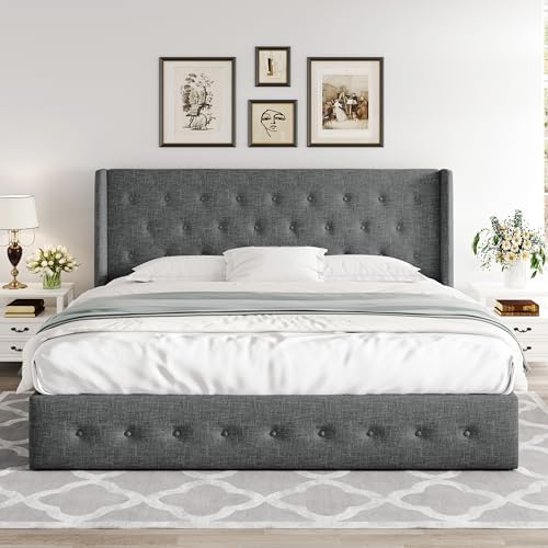Allewie King Size Lift Up Storage Button-Tufted Bed Frame Dark Grey