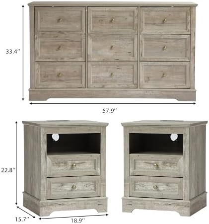 KIGOTY Farmhouse Bedroom Set, 3 Pcs Dresser and Nightstand Sets, 9 Drawer Dresser & 2 Drawer Nightstand Set with Charging Station,Rustic Wood Bedroom Furniture Set for Home