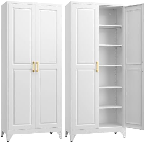 SteeLoong 75”Metal Pantry Storage Cabinet with Doors & 5 Adjustable Shelves | Kitchen Pantry Cabinet,White Kitchen Cabinet with 2 Gold Handles,Tall Cabinet for Livingroom,Pantry, Bathroom,Kitchen,Garage