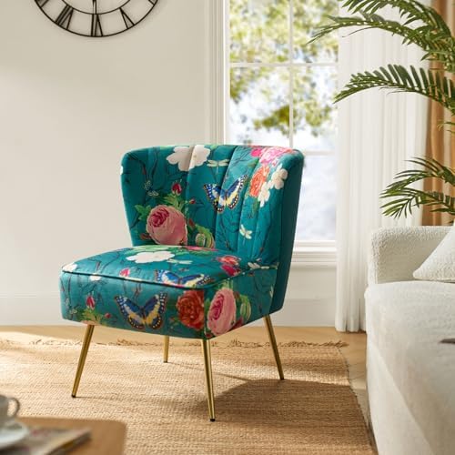 HULALA HOME Accent Chair with Golden Metal Legs, Comfy Tufted Wingback Living Room Chair Floral Fabric Small Armless Side Chair, Upholstered Slipper Chair for Bedroom, Reading Room Flower Print