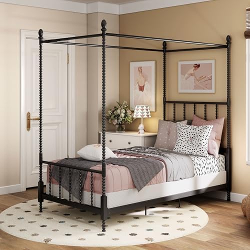 Furniture of America Vaeli Modern Metal Twin Size Four Poster Bed Frame with Spindles, Canopy Bedframe for Bedroom, Guest Room, Box Spring Required, Black