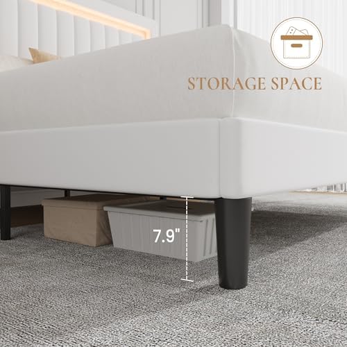 SHA CERLIN King Size Velvet Bed Frame with LED Light, Adjustable Vertical Channel Tufted Headboard, Strong Wooden Slats Support, Noise-Free, No Box Spring Needed, White