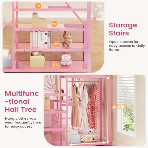 Itaar Full Size Loft Bed with Desk and Storage Stairs, Metal Loft Bed with 6 Storage Drawers, Hall Tree, LED Lights and Power Outlet, for Kids, Teens, Adults, Pink