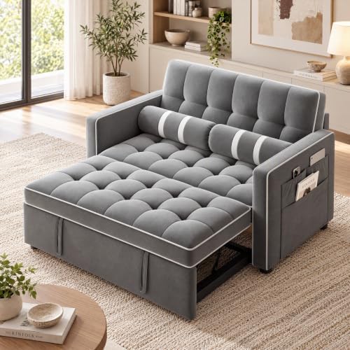 Marsail Futon Sleeper Sofa Bed, Convertible Pull Out Couch, Light Gray