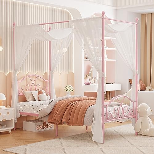 Twin Princess Canopy Bed Frame with 4 Posters, Twin Size Bed for Kids Girls