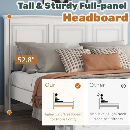 Farmhouse King Size Bed Frame with Tall Headboard & Footboard,Wooden King Bed Frame with Wood Panel Bed Base, No Squeak, No Box Spring Needed, White