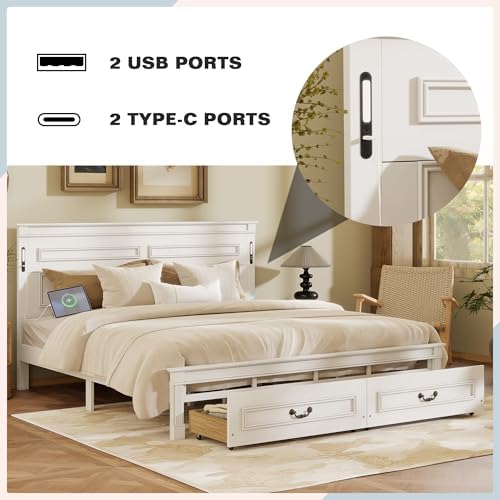 White King Size Bed Frame with 2 Storage Drawers & Tall-Panel Headboard and Footboard, Wood Platform Storage Bed Built-in LED Lights, USB Charging Station, No Box Spring Required, Noise-Free