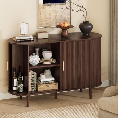 47.2" Sideboard Buffet Cabinet with Sliding Door,Fluted Cabinet with Storage & 2 Adjustable Shelfs,Mid Century Modern Coffee Bar Console Table for Kitchen, Living Room, Entryway，Walnut