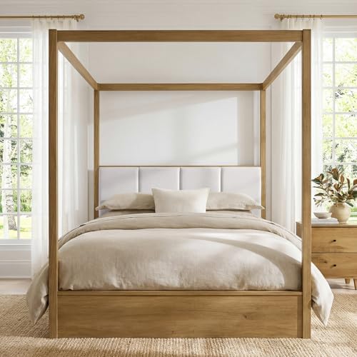 WAMPAT Wood Canopy Bed Frame Queen Size, Oak Bed w/Solid Wood Posters