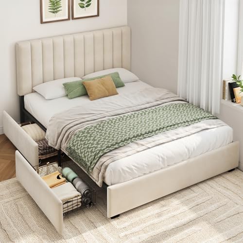 Welzona Queen Bed Frame with Storage and Headboard, Velvet Upholstered Metal Platform Corner Bed with Vertical Tufted Headboard, 2 Storage Drawers, 3-Height Level, Noise Free, Easy Assembly, White