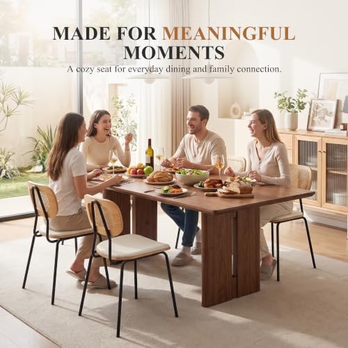 CIMOTA Rattan Dining Chairs Set of 6, Cane Back Kitchen Chairs with Metal Legs, Faux Leather Seat, Armless Dining Room Chairs for Kitchen, White