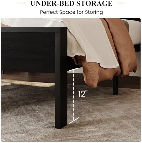 SHA CERLIN 14 Inch Twin Size Metal Platform Bed Frame with Wooden Headboard and Footboard, Mattress Foundation, No Box Spring Needed, Large Under Bed Storage, Heavy Duty Slats Support, Black Oak