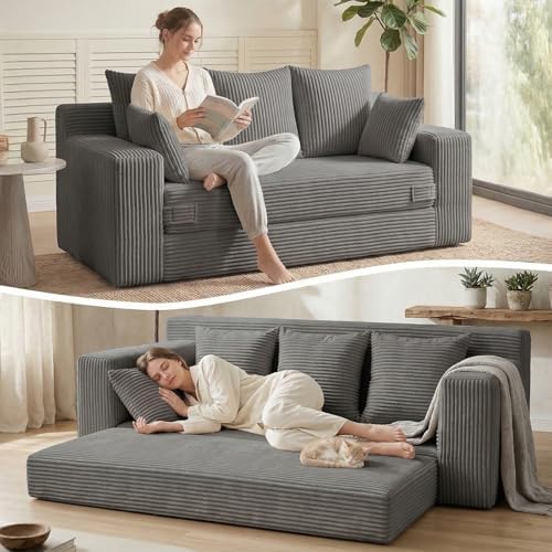 Oversize Loveseat Boneless Convertible Sofa Bed, Folding Floor Futon Sleeper Sofa Queen Size Couch Bed- Boneless Foldable Couch, Corduroy Pull Out Sofa Bed with 5 Pillows for Living Room & Bedroom