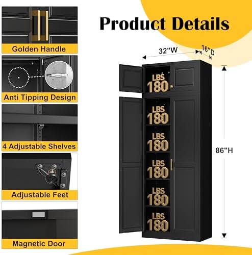 Steeloong 86"Metal Pantry Storage Cabinet with Doors & 4 Adjustable Shelves | Kitchen Pantry Cabinet,Black Kitchen Cabinet with 4 Gold Handles,Tall Cabinet for Livingroom,Pantry, Bathroom,Kitchen,Garage