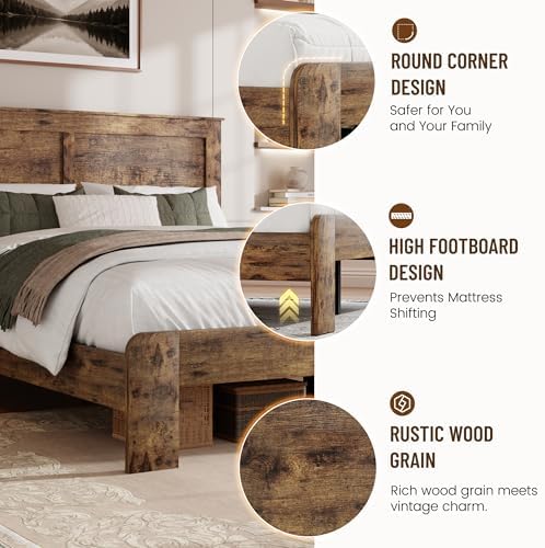 Full Size Farmhouse Wood Bed Frame with Panel Headboard, Brown
