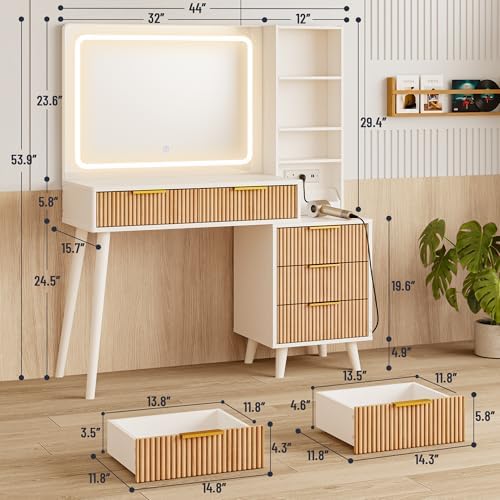 Makeup Vanity Desk with Mirror and Lights, Makeup Desk with 3 Shelves& 5 Drawers, Vanity Table with Power Outlet, 3 Color Adjustable Lighting Dressing Table Set for Bedroom