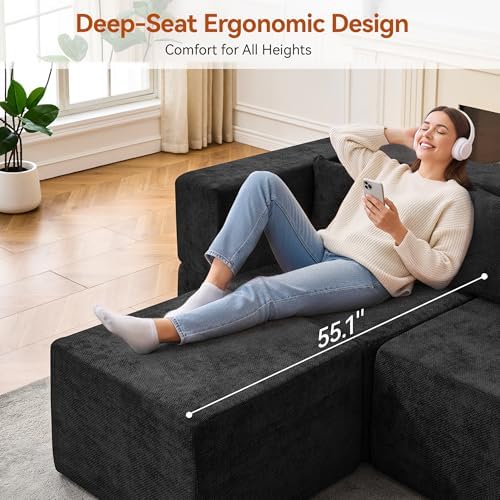 MONVANE Modular Sectional Sofa, Oversized 8 Seat Convertible U Shaped Couch with Ottoman, Comfy Chenille Cloud Couch with Deep Seat, Sectional Couches for Living Room, No Assembly Required, Black