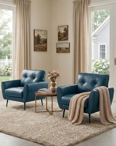 Blue Faux Leather Accent Chairs Set of 2, Tufted Arm Chairs for Living Room