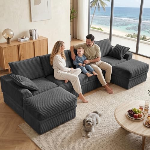 142" Upgraded Boneless Couch with Storage, Modular Sectional Couches for Living Room, Oversized Deep Seat 6-Seat U Shaped Cloud Sofa with Ottoman & Pillows,Corduroy,No Assembly (Gray)