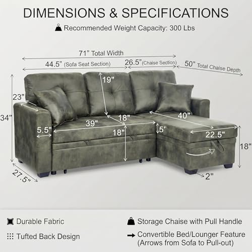 TYBOATLE Convertible Sofa Bed Couch with Reversible Storage Chaise, 71" L Shaped Pull Out Couch Bed, Comfy Linen Fabric Sleeper Sofa for Living Room, Apartment & Guest Room (Green)