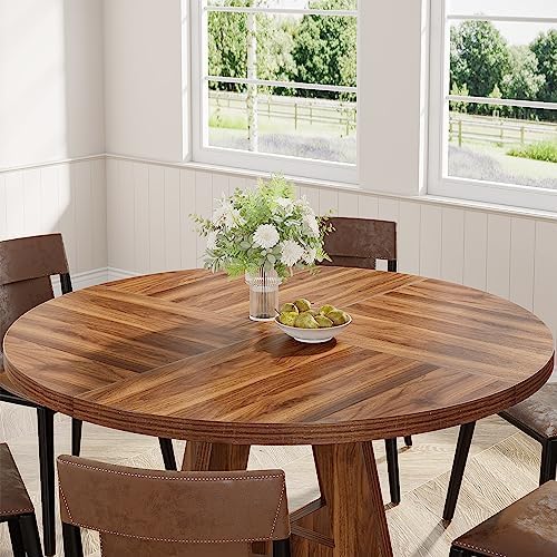 Tribesigns 47 inch Round Dining Table Wood Kitchen Table for Dining Room, 47" Dinner Room Tables for 4-6, Farmhouse Accent Furniture with Wooden Tabletop and Cross Base, Rustic Brown