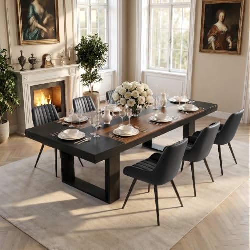 Miereirl 7-Piece Modern Farmhouse Dining Table Set, 86.6" x 47.2" Sturdy Stable Dining Table with 6 Chairs, Rectangular Kitchen Table Set for 6,(Black & Walnut Table+6 Black Chairs)