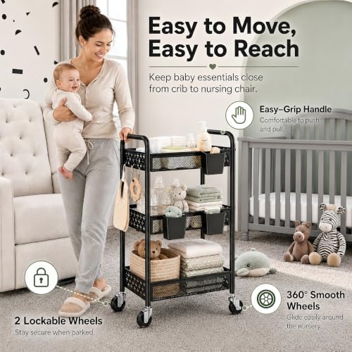 3 Tier Heavy Duty Rolling Cart Organizer, Black Utility Storage Carts with Wheels,Three Tiered Snack Cart for Baby Diaper Caddy, Cleaning Supplies, Craft Art Supply, Lash, Bathroom, Kitchen, Bedside