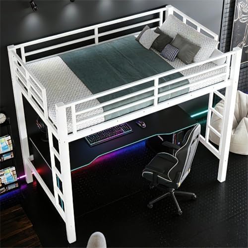 Bellemave Queen Size Loft Bed Frame with 2 Ladder, Sturdy Metal Construction & High Guardrail, Space-Saving Queen Loft Bed for Kids, No Box Spring Needed, Safe for Kids, Adults, Teens, Dorms, White