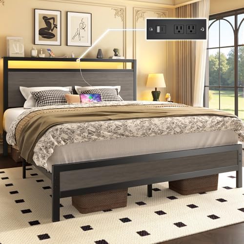 Fluest Queen Bed Frame with Headboard, Fast-Charging & LED, Storage Shelf