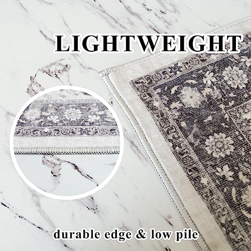Hallway 2x6 Washable Runner Rug: Oriental Stain Resistant Kitchen Entryway Rugs Farmhouse Ultra Soft Bathroom Bedroom Print Floor Mat Thin Non Slip Indoor Carpet for Living Room Laudry (2 X 6, Grey)