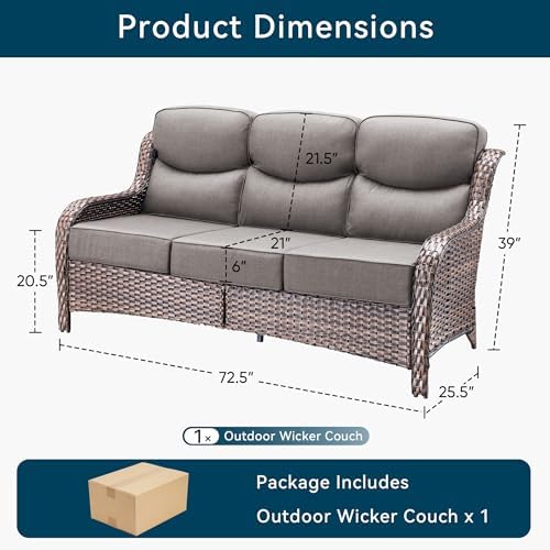 Luxury Outdoor Patio Furniture Set-Wicker High Backrest 3-Seat Patio Sofa with Comfy 6" Cushion, Rattan Couch with Deep Seat All-Weather Patio Conversation Set for Deck Backyard Garden(Brown/Grey)