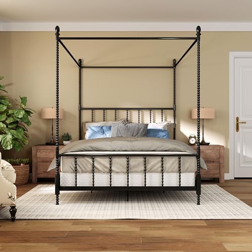 Furniture of America Vaeli Modern Metal Queen Size Four Poster Bed Frame with Spindles, Canopy Bedframe for Bedroom, Guest Room, Box Spring Required, Black