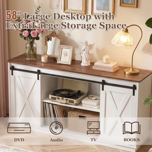Farmhouse TV Stand for 65 Inch TV, Entertainment Center with Storage, White