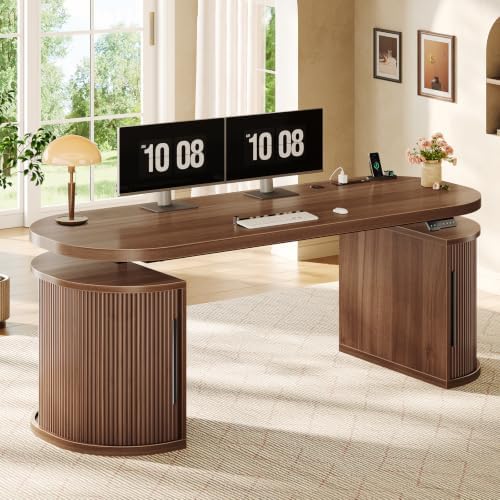 SEDETA 57" Standing Desk with Storage, Electric Height Adjustable Executive Fluted Desk with Curved Cabinets, Computer Desk with Power Strip for Home Office, Brown