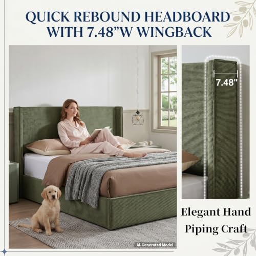 Queen Lift Up Storage Bed, Corduroy Platform Bed with Headboard, Turtle