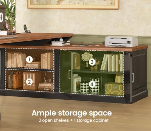 SEDETA Farmhouse L Shaped Desk with Drawers, 70.9" Home Office Desk with Storage Cabinet and Storage Shelves, L Shaped Computer Desk with Power Outlet，Black+Brown