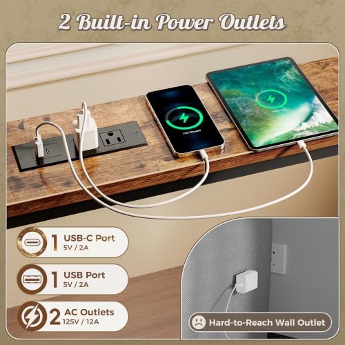Huuger Narrow Console Table with Power Outlets & USB-C, Rustic Brown