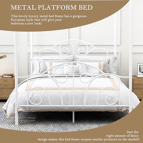 Queen Size Four-Poster Metal Canopy Bed Frame,White