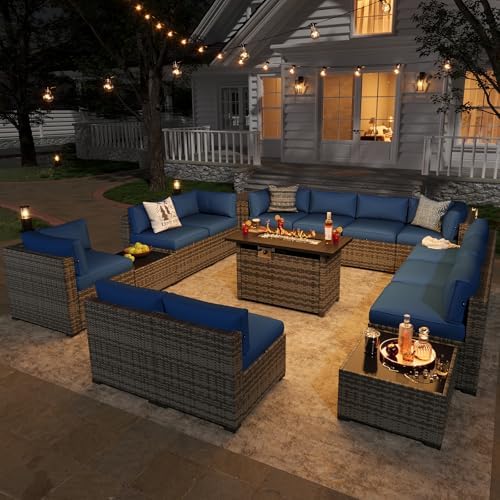 Aoxun Patio Furniture Sets, 15-Piece Outdoor Patio Furniture with 44'' Propane Gas Firepit Table, Wicker Outdoor Conversation Set Sectional Sofa for Backyard, Poolside, Garden