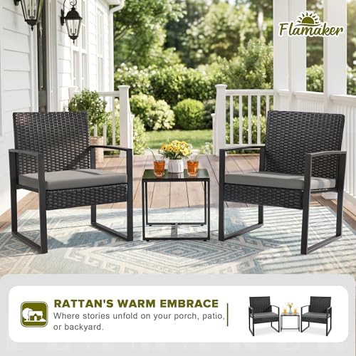 Flamaker 3 Pieces Patio Furniture Set Outdoor Wicker Bistro Chair (Grey)