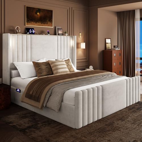 55" Tall Queen Size Platform Bed Frame with 2 Reading Lights, Cream
