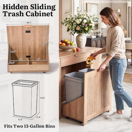 YITAHOME Expandable Kitchen Island with Hidden Trash Cabinet