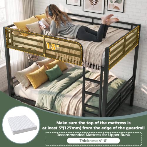 Full Over Full Bunk Beds, Heavy Duty Metal Full Size Bunk Bed for Teens and Adults, Noise-Free Design Bunkbeds with Ladder, Guardrail for Bedroom, Dorms and Apartment, No Box Spring Required, Black