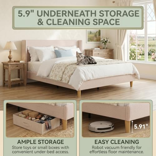 King Corduroy Upholstered Platform Bed with Headboard Wingback, Beige