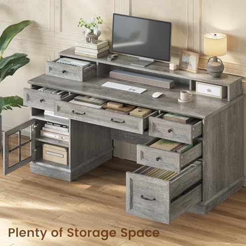 HAUOMS Farmhouse Executive Desk Computer Desk with Drawers，Grey